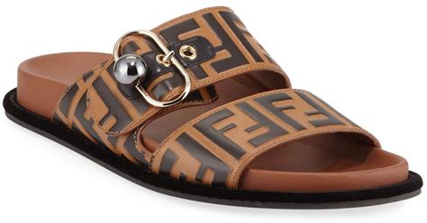 Fendi Pearland Ff Leather Slide Sandal In Brown 